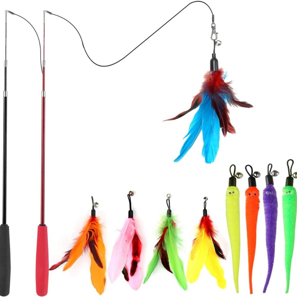 Interactive Cat Toys - Retractable Wand Toy and Feather Toys Refills for Indoor